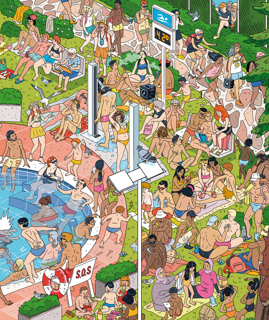 Ilustración de piscina llena de gente